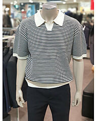 BON 25SS 블랙 린넨 스트라이프 티에리 오픈 카라  니트BNEMSW857BK