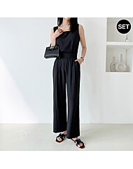 린넨 스퀘어 슬리브리스 탑과 팬츠 세트_M2506SE028B