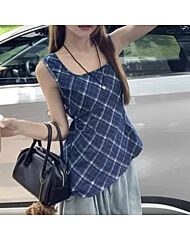 백오픈 블루 체크 민소매 블라우스 여성 캐주얼 남방 데일리 기본