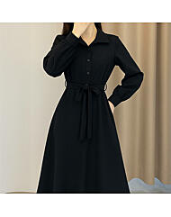 여성 코트 느낌 허리 매듭 끈 올블랙 긴팔 원피스 하객 카라 레이시 니트 롱원피스