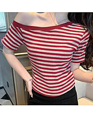 스트라이프 오프숄더 슬림 반팔 크롭티