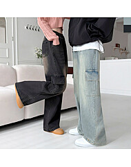 여자 머드워싱 밴딩 카고 데님 와이드 청바지