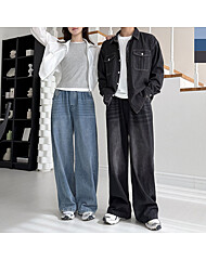 여자 사이드턱 스냅 버튼 와이드 밴딩 청바지 데님