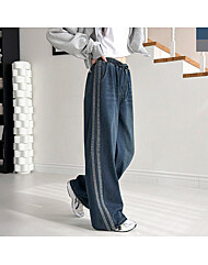 여자 두줄 라인 밴딩 청바지 스트링 와이드 데님