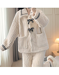 [잠옷세트] 극세사 크리미 리본 겨울 파자마 상하세트 아이보리 (44-77)