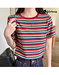 [키리앙] 르셀 스트라이프 배색 반팔 티셔츠