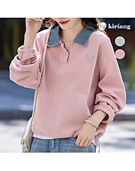 [키리앙] 메멘 데님 카라 리본 자수 티셔츠