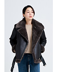 브라운 반사빛 배색 블랙 에코 무스탕