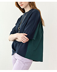 우븐배색 코튼져지 핀턱 티셔츠 블라우스