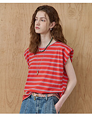 투톤 스트라이프 숄더 패드 슬리브리스 티셔츠