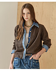 워싱 데님 셔츠 카라 블록 니트 가디건