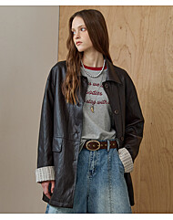 소매 배색 페이크 레더 워크 자켓