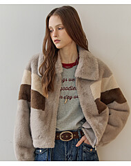 컬러 블록 페이크 퍼 집업 자켓