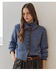 하이넥 카라 스트라이프 니트 가디건