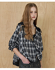 후드 배색 루즈핏 스트링 체크 셔츠