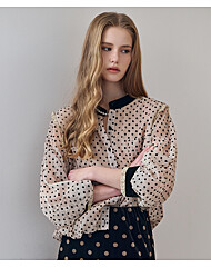 벨벳 도트 시어 헨리넥 셔링 블라우스
