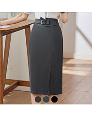 (예쎄) 벨트장식 뒷밴딩 절개 미디스커트(S4FSK007A)